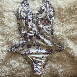 WILDFOX Swim One Piece Bathing Suit White Purple Floral Print